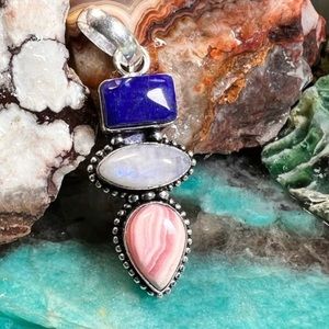 Lapis, moonstone & rhodochrosite pendant